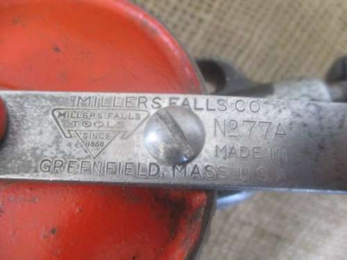 Nice Vintage No 77A Millers Falls Co Hand Drill  By Millers Falls Tools  Greenfield, Mass. USA