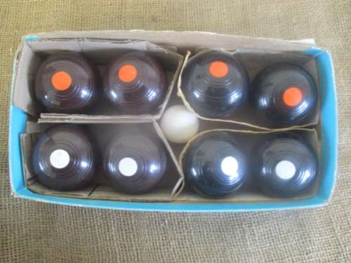 Beautiful Vintage "Henselite" Junior Biased Carpet Bowls Set                Approx 1960's