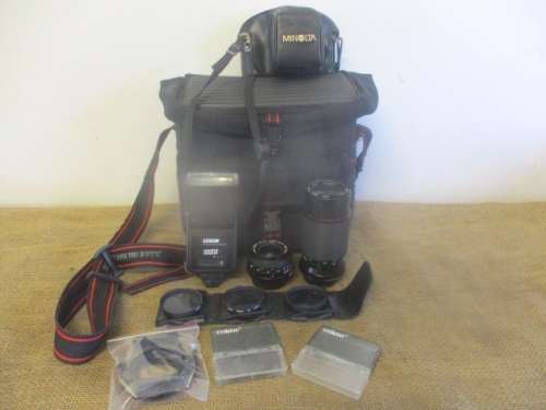 Vintage Minolta X-300 SLF 35mm Camera With Attached Minolta MD  50mm  1: 1.7 Lens Plus Accessories