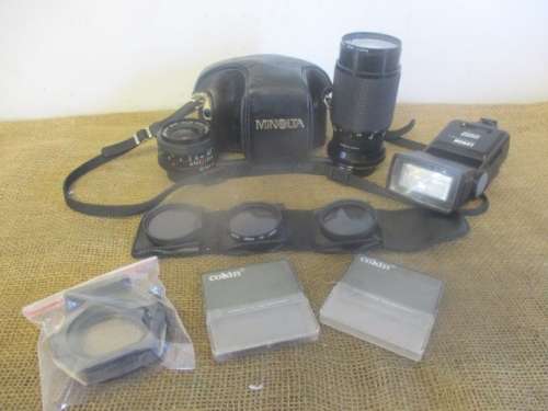 Vintage Minolta X-300 SLF 35mm Camera With Attached Minolta MD  50mm  1: 1.7 Lens Plus Accessories