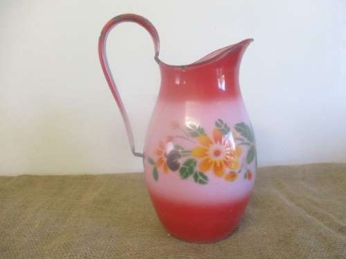 Plenty Character......Vintage Old Fashioned Enamel Bathroom Jug/Pitcher With Lovely Flower Design