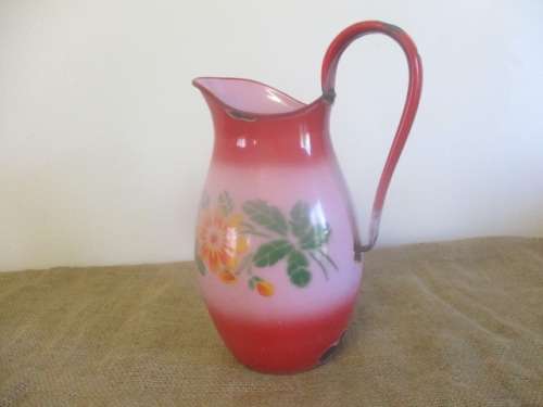 Plenty Character......Vintage Old Fashioned Enamel Bathroom Jug/Pitcher With Lovely Flower Design