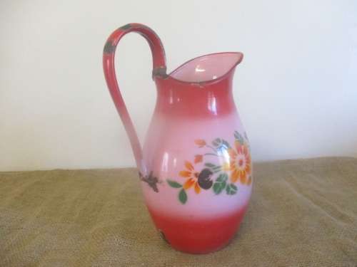 Plenty Character......Vintage Old Fashioned Enamel Bathroom Jug/Pitcher With Lovely Flower Design