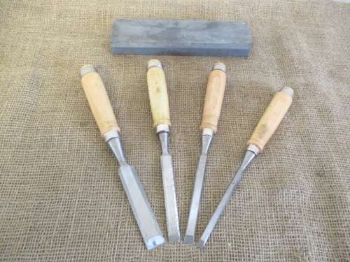 For BenBoo Bid Only - Nice Set Of Four Carpenter Woodworking Chisels Together With An Oilstone