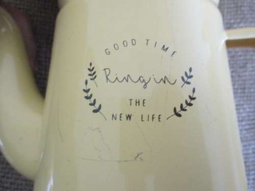 Beautiful "Good Time..Ringin..The New Life" Old Fashioned Enamel Coffee Pot
