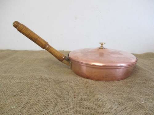 Cute Vintage Genuine Copper Lidded Frying Pan With Brass Inserts