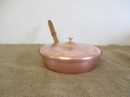 Cute Vintage Genuine Copper Lidded Frying Pan With Brass Inserts