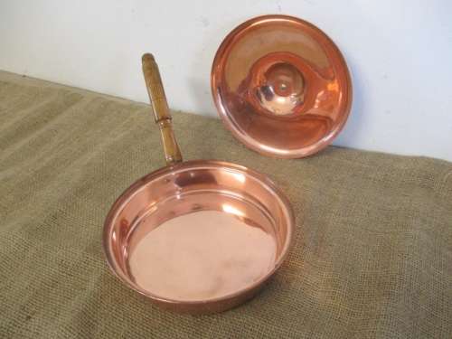 Cute Vintage Genuine Copper Lidded Frying Pan With Brass Inserts