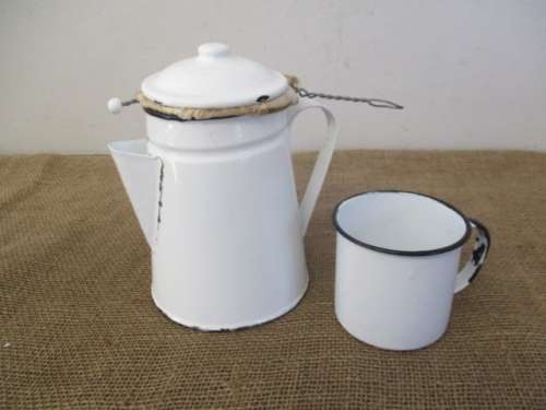 For Lorn`s Bid Only - Beautiful Enamel Coffee Pot With Coffee Bag And Enamel Cup