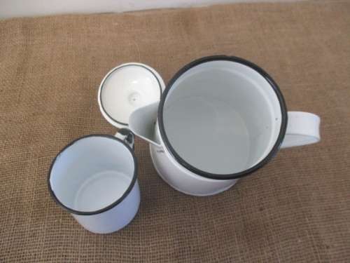 For Lorn`s Bid Only - Beautiful Enamel Coffee Pot With Coffee Bag And Enamel Cup