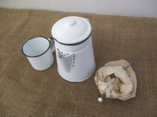 For Lorn`s Bid Only - Beautiful Enamel Coffee Pot With Coffee Bag And Enamel Cup