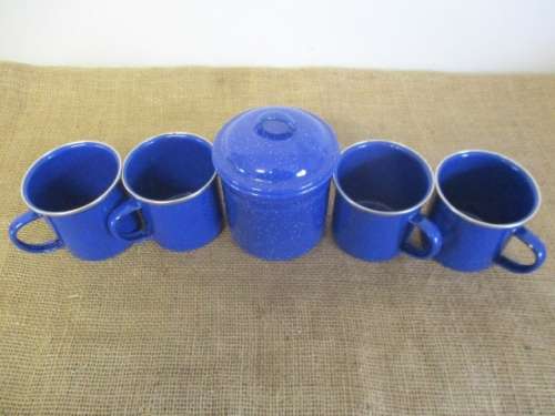 Nice Set Of Four Speckled Blue Enamel Mugs And Speckled Blue Lidded Sugar Bowl