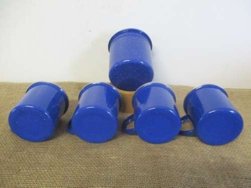 Nice Set Of Four Speckled Blue Enamel Mugs And Speckled Blue Lidded Sugar Bowl