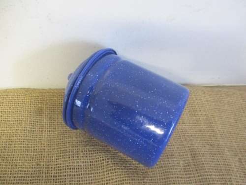 Nice Set Of Four Speckled Blue Enamel Mugs And Speckled Blue Lidded Sugar Bowl