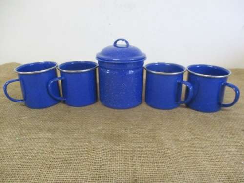 Nice Set Of Four Speckled Blue Enamel Mugs And Speckled Blue Lidded Sugar Bowl