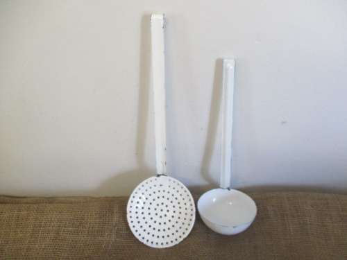 ForLorna`s Bid Only - Two Golden Oldies.....Vintage Enamel Skimmer & Vintage Enamel Soup Ladle