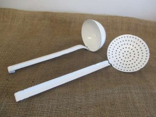 ForLorna`s Bid Only - Two Golden Oldies.....Vintage Enamel Skimmer & Vintage Enamel Soup Ladle