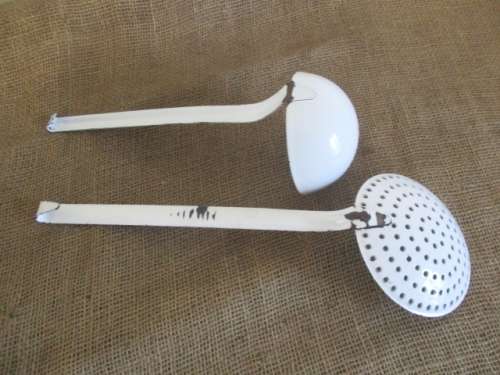 ForLorna`s Bid Only - Two Golden Oldies.....Vintage Enamel Skimmer & Vintage Enamel Soup Ladle