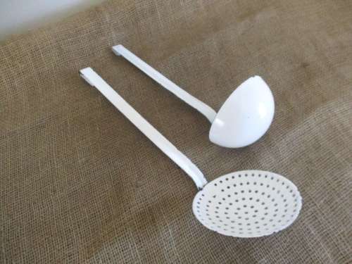 ForLorna`s Bid Only - Two Golden Oldies.....Vintage Enamel Skimmer & Vintage Enamel Soup Ladle