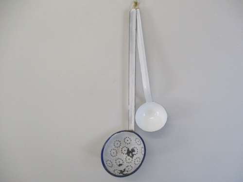 Large Vintage Enamel Strainer & Smaller Vintage Enamel Soup Ladle