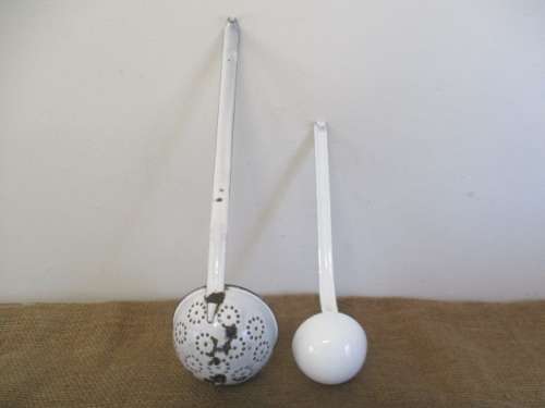 Large Vintage Enamel Strainer & Smaller Vintage Enamel Soup Ladle
