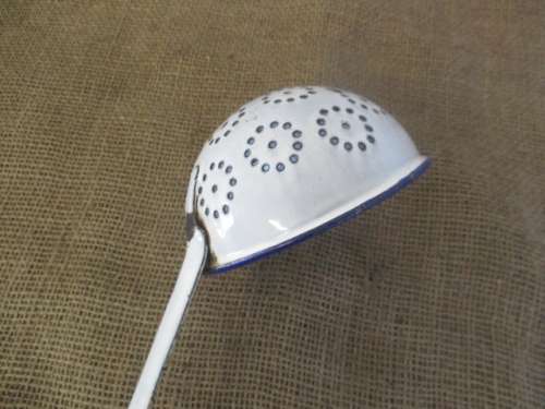Large Vintage Enamel Strainer & Smaller Vintage Enamel Soup Ladle