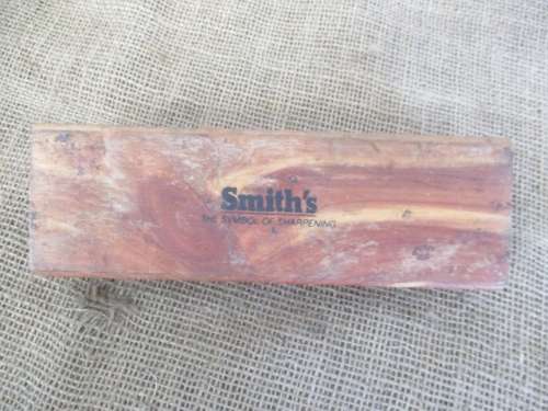 Vintage Smith`s `The Symbol Of Sharpening` Double Sided Sharpening Stone In Wooden Holder