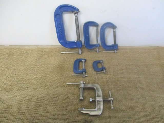 Nice Collection Of Handy G-Clamps : -  Sizes Include : 1x 4`, 1x 3`, 1x 2`, 2x Smalls & Record 129