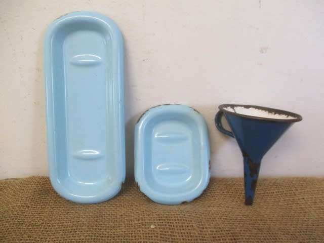 For Analda`s Bid Only - Two Vintage Old School Enamel Soap Dishes And Enamel Funnel