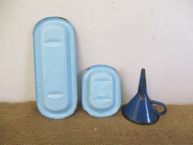 For Analda`s Bid Only - Two Vintage Old School Enamel Soap Dishes And Enamel Funnel