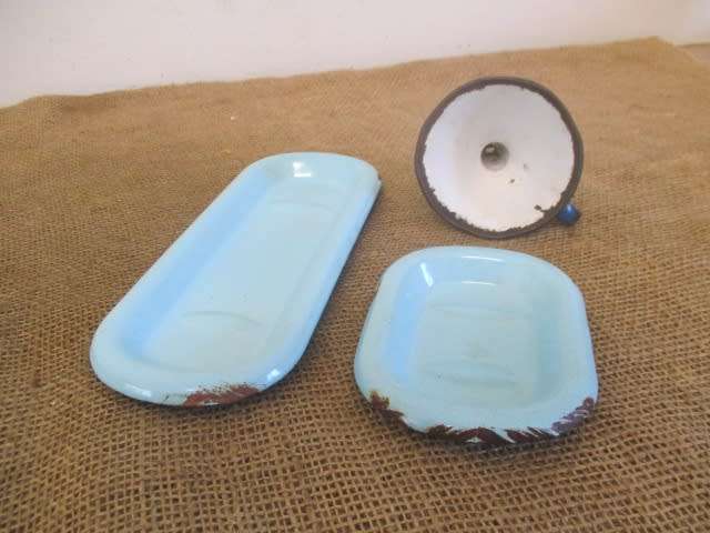 For Analda`s Bid Only - Two Vintage Old School Enamel Soap Dishes And Enamel Funnel