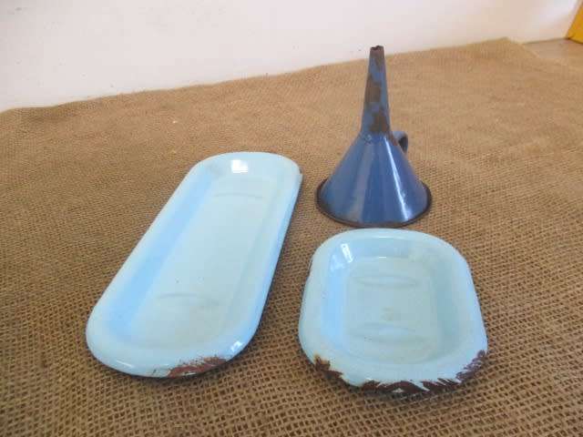 For Analda`s Bid Only - Two Vintage Old School Enamel Soap Dishes And Enamel Funnel