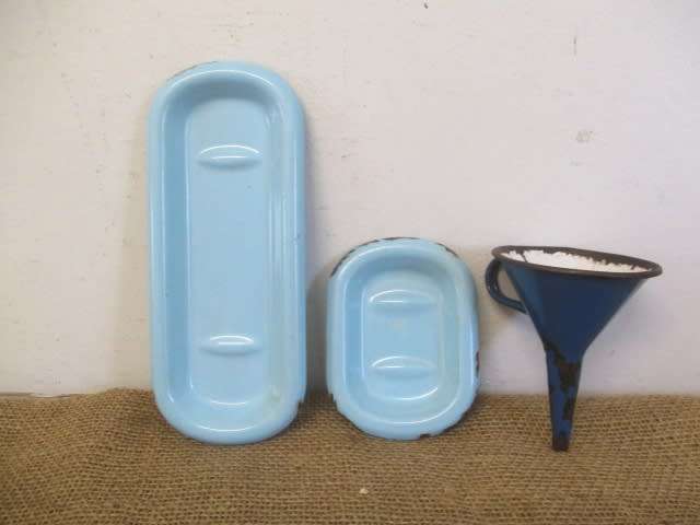For Analda`s Bid Only - Two Vintage Old School Enamel Soap Dishes And Enamel Funnel