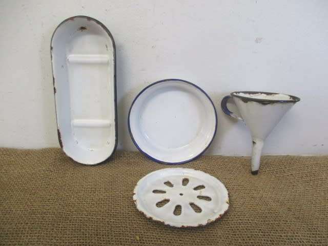For Analda`s Bid Only - Two Vintage Old School Enamel Soap Dishes And Enamel Funnel