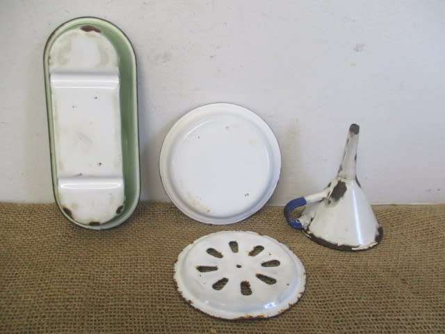 For Analda`s Bid Only - Two Vintage Old School Enamel Soap Dishes And Enamel Funnel