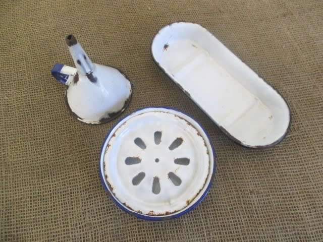 For Analda`s Bid Only - Two Vintage Old School Enamel Soap Dishes And Enamel Funnel