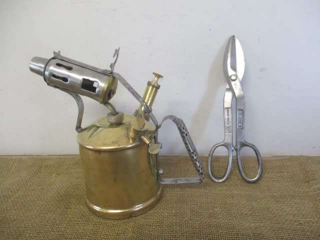 Beautiful Large Vintage Hippo Blow Torch With And Vintage 10 inch Footprint Tin Snips