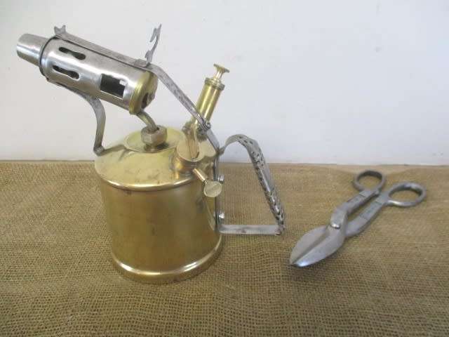 Beautiful Large Vintage Hippo Blow Torch With And Vintage 10 inch Footprint Tin Snips