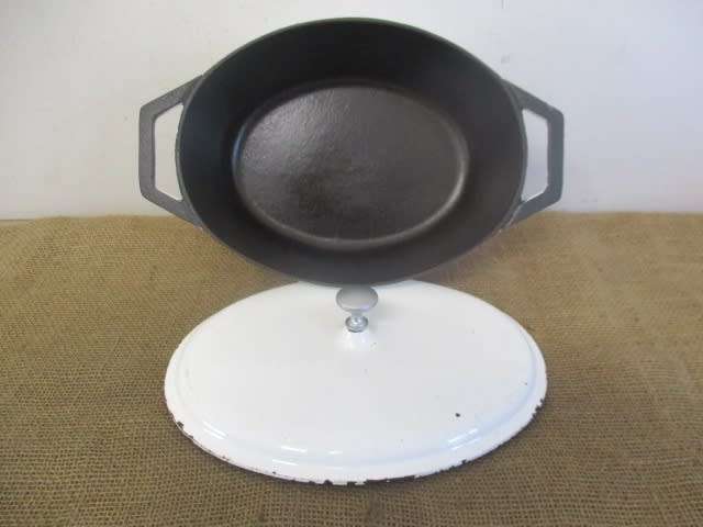 For Lifetime Cooking Pleasure......With This Sizable Vintage Enamel Cast Iron Oval Lidded Pot
