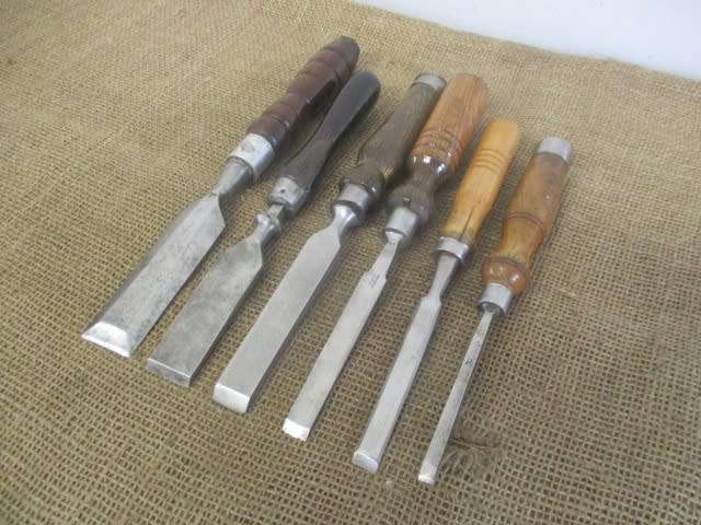 Collection Of Six Different Brand Vintage Carpenter Woodworking Chisels