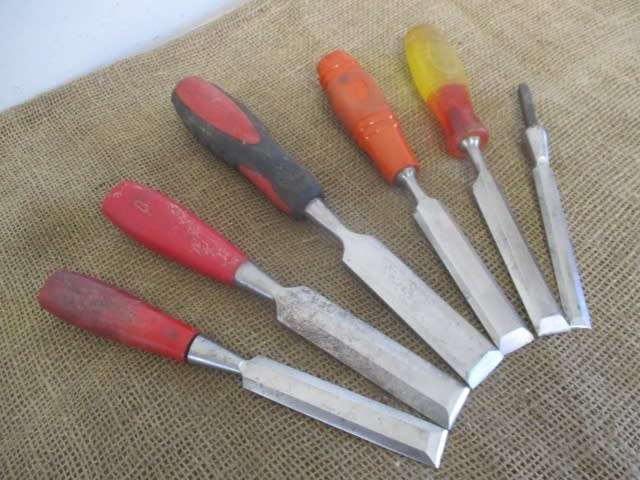 Collection Of Six Different Brand Vintage Carpenter Woodworking Beveled Chisels