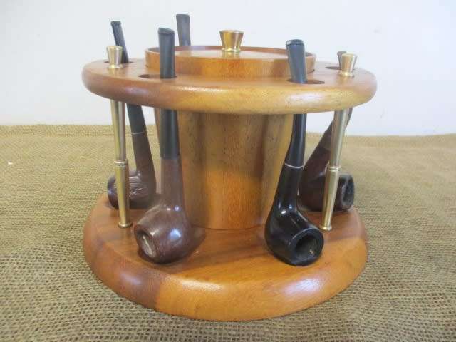 Impressive Vintage KMC Wooden Six Pipe Stand With Six Different Smoking Pipes Plus Extras