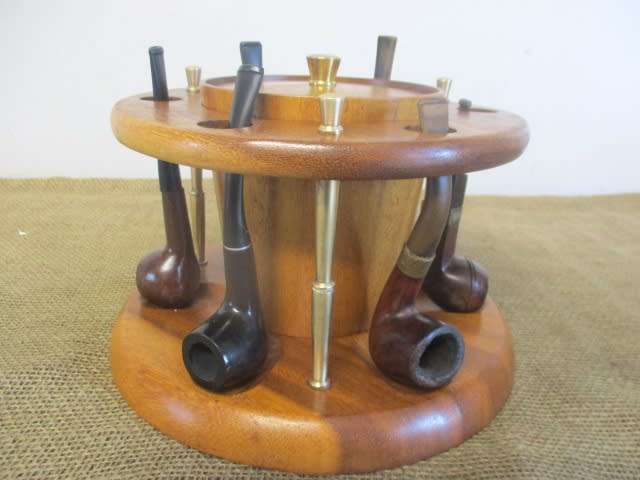 Impressive Vintage KMC Wooden Six Pipe Stand With Six Different Smoking Pipes Plus Extras