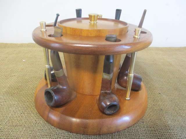 Impressive Vintage KMC Wooden Six Pipe Stand With Six Different Smoking Pipes Plus Extras
