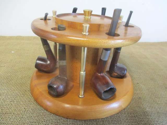 Impressive Vintage KMC Wooden Six Pipe Stand With Six Different Smoking Pipes Plus Extras