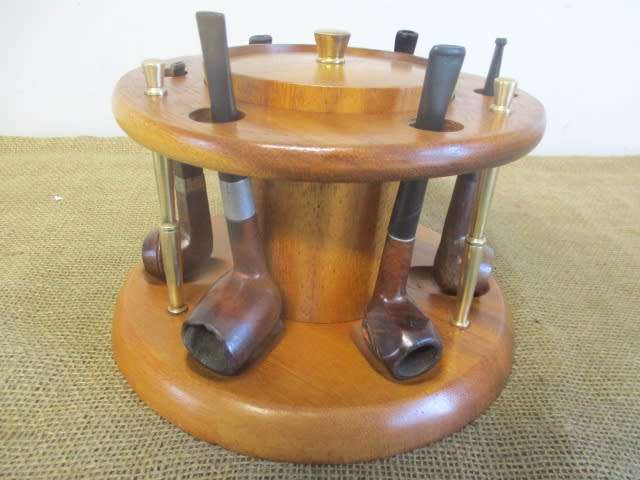 Impressive Vintage KMC Wooden Six Pipe Stand With Six Different Smoking Pipes Plus Extras