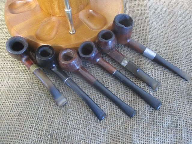Impressive Vintage KMC Wooden Six Pipe Stand With Six Different Smoking Pipes Plus Extras