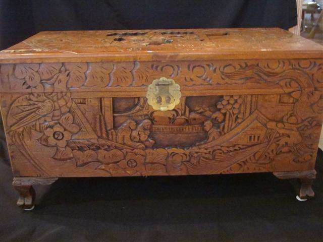 Camphor Wood Hand Carved Chest With Oriental Detail (73.5 cm in Length,34.5 cm Wide and 39 cm High)