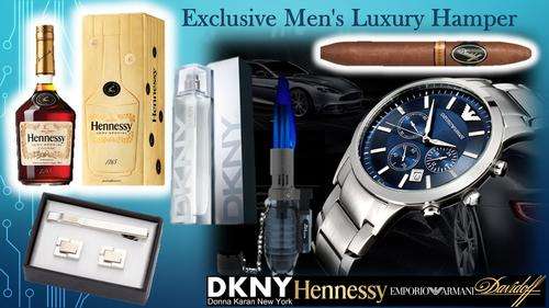 LUXURY MENS HAMPER- EMPORIO ARMANI,DKNY COLOGNE,HENNESSY COGNAC,DAVIDOFF CIGAR & MORE..AMAZING OFFER