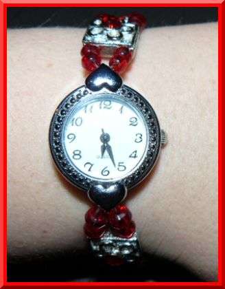 Ladies Quartz Watch with Beads with Rhinestone Flower Detail